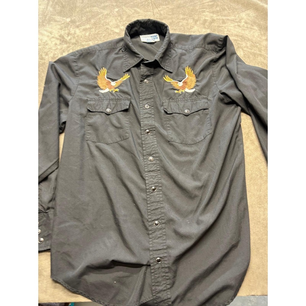 Wind Jammer Mens Black Western Shirt Eagle Embroidery Snap Front Size L